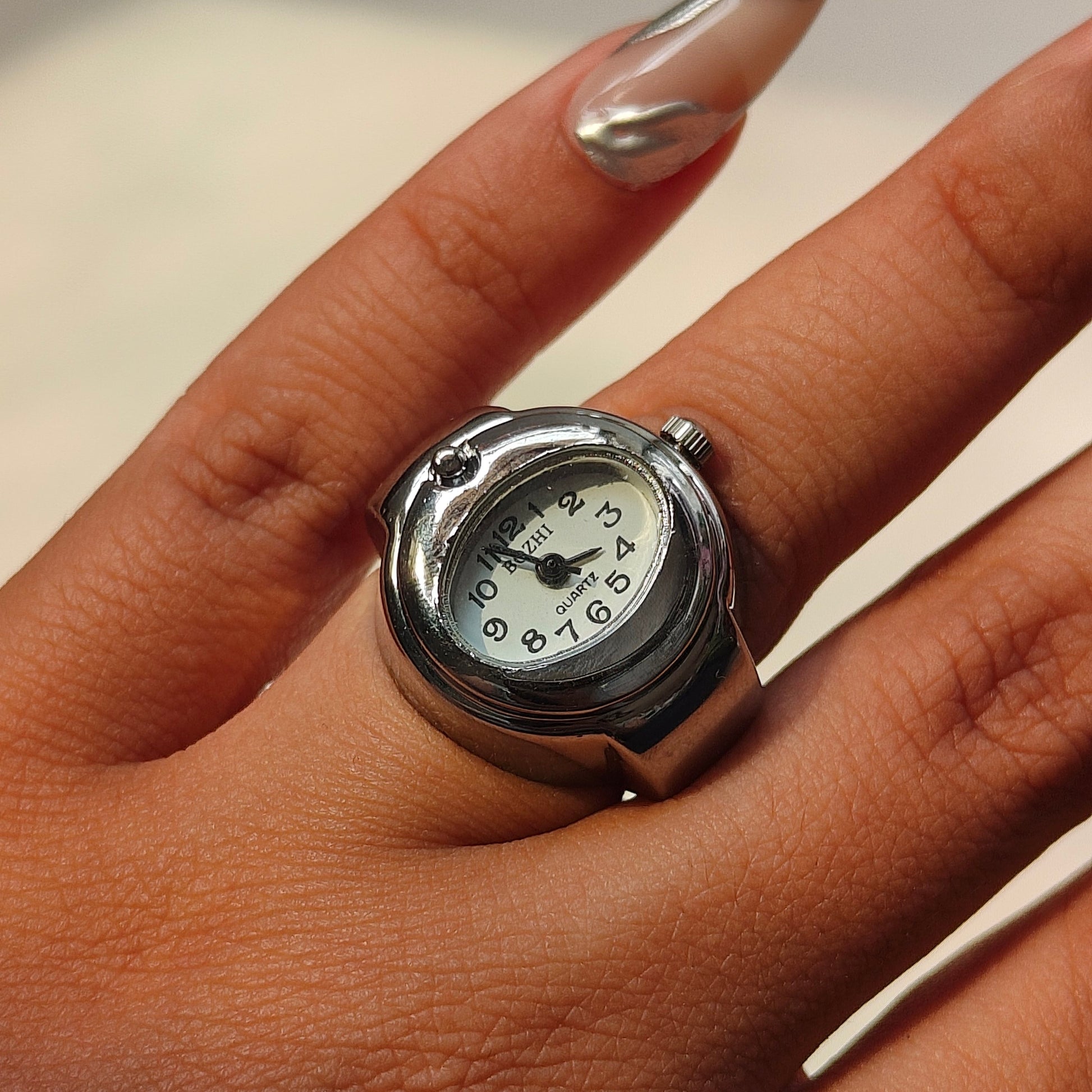 White Silver Oval Watch Ring