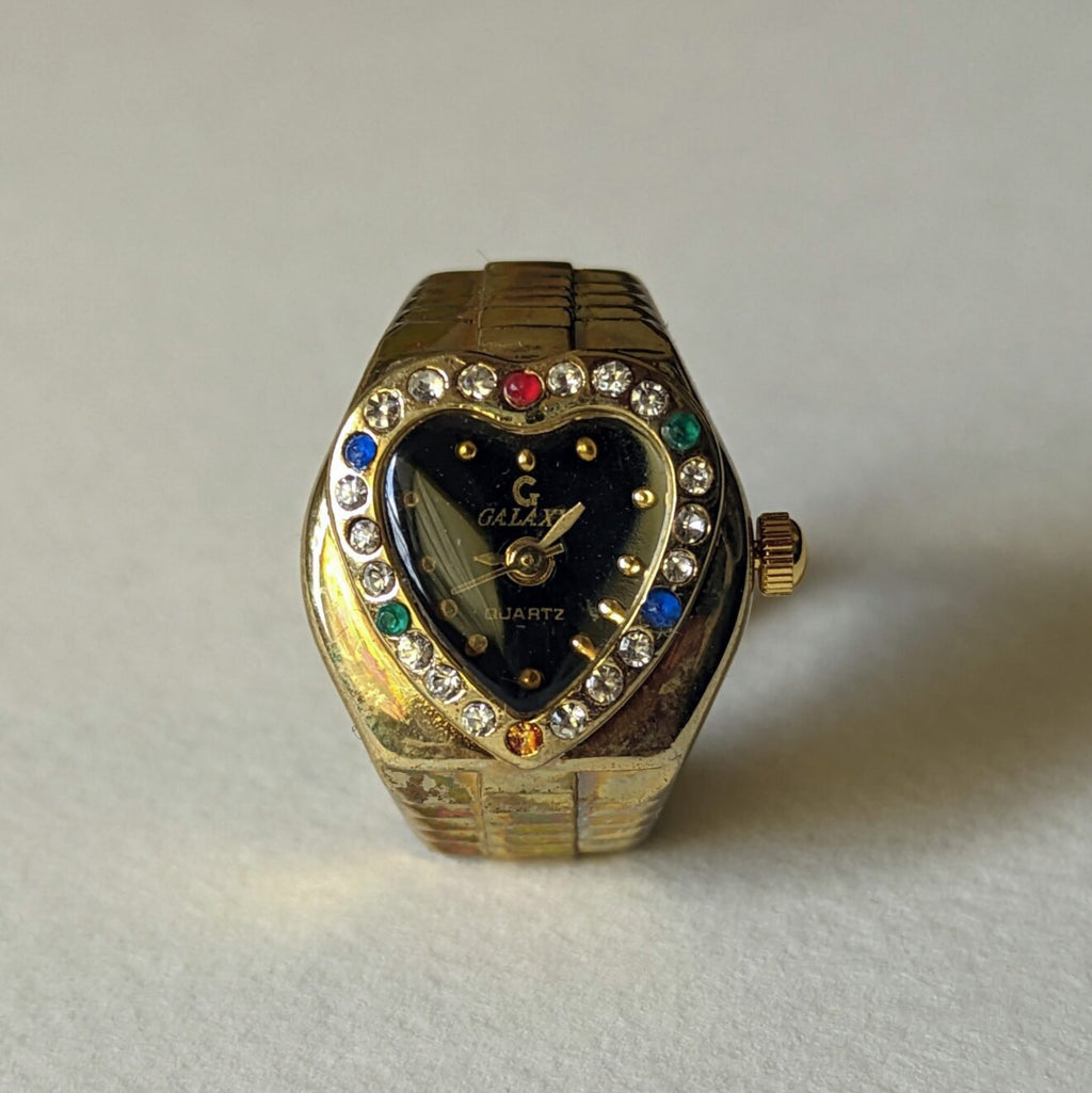 Black on Gold Heart Watch Ring