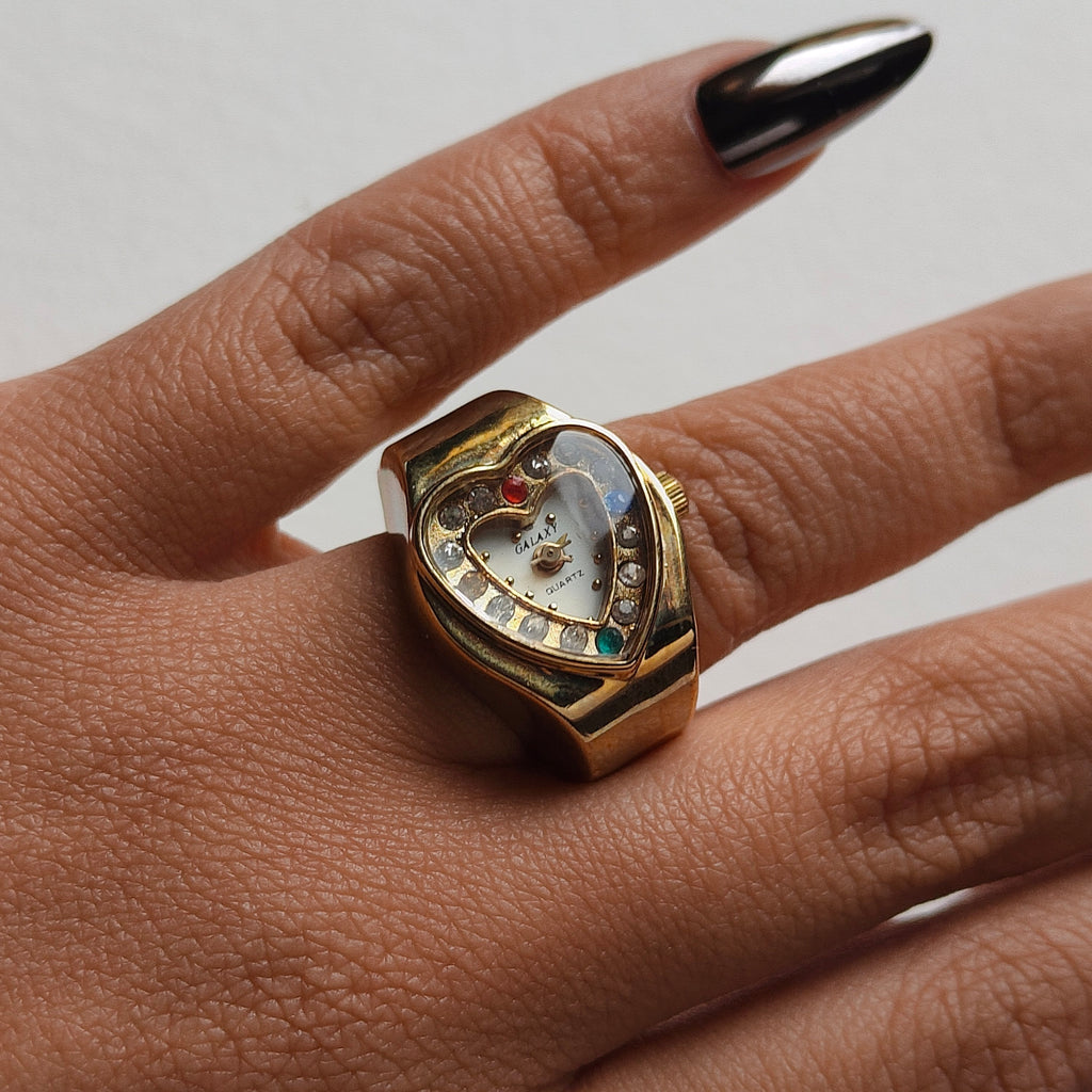 White on Gold Heart Watch Ring