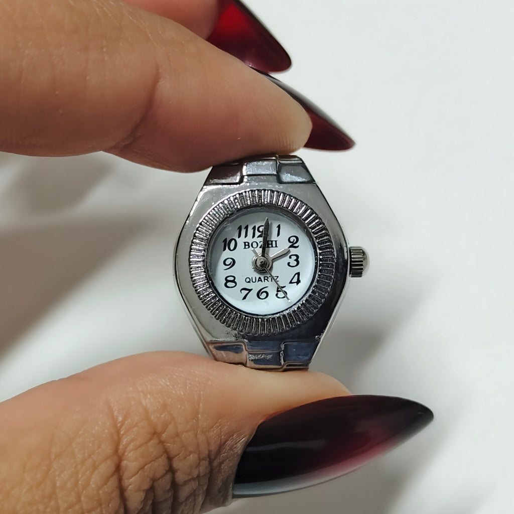 White Silver Circle Watch Ring (silver hands)