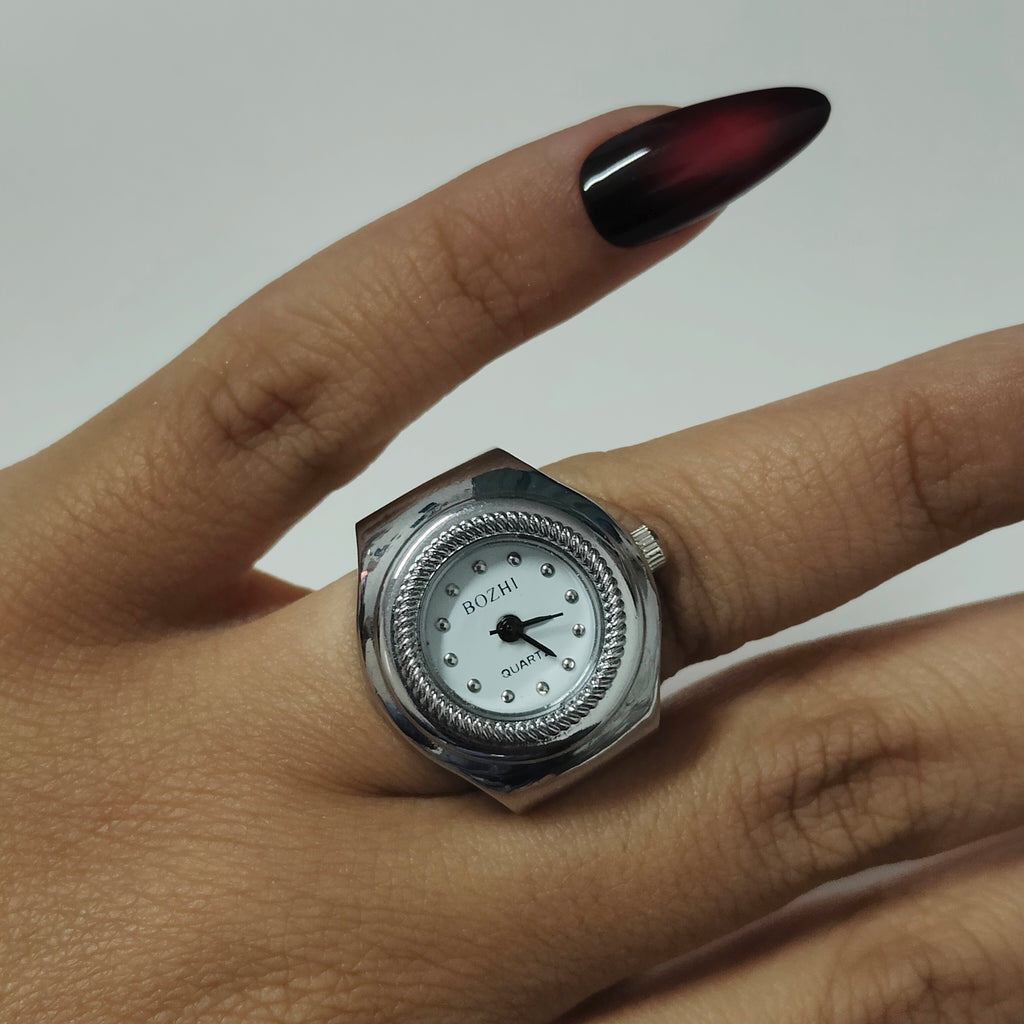 White Silver Round Watch Ring
