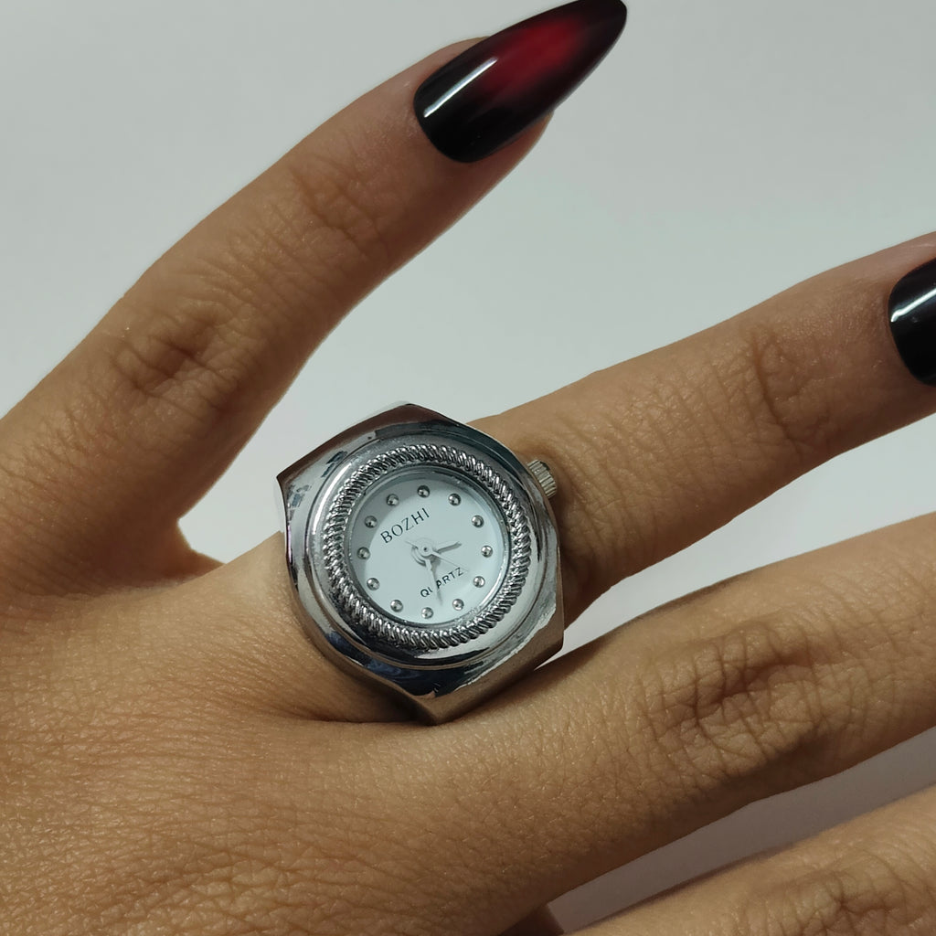 White Silver Round Watch Ring (white hands)