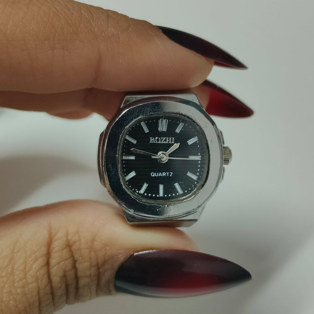 Black Silver Square Watch Ring