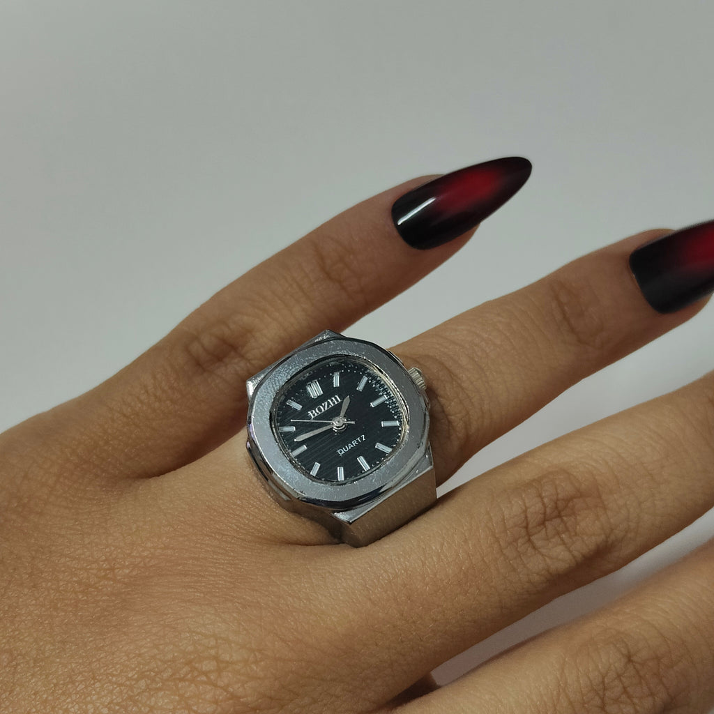 Black Silver Square Watch Ring