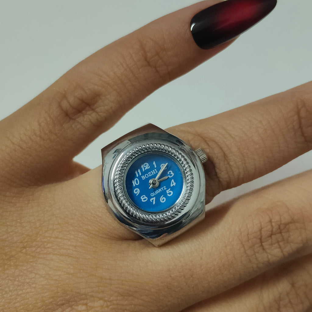 Blue Silver Round Watch Ring