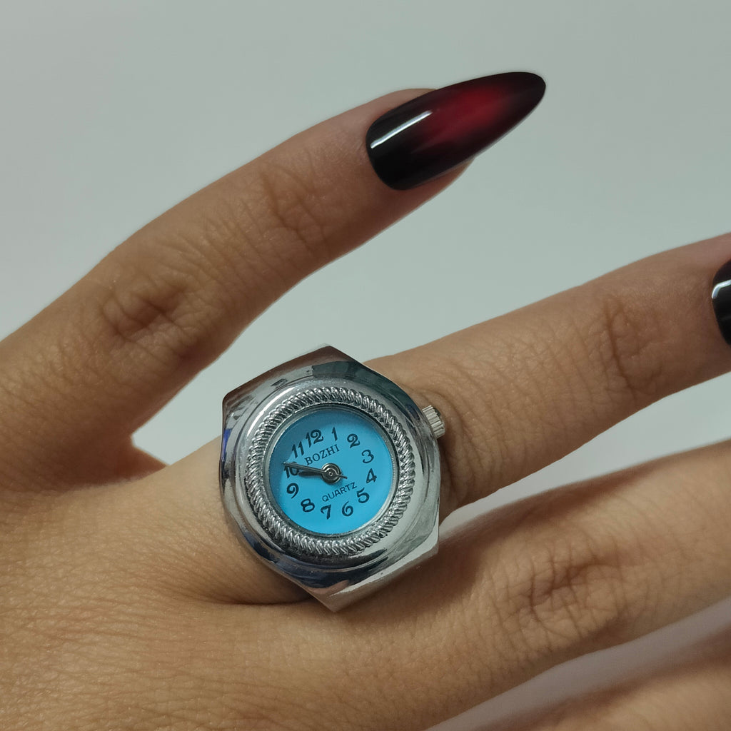 Baby Blue Silver Round Watch Ring