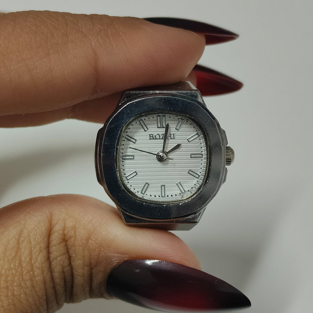 White Silver Square Watch Ring